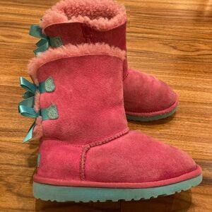 UGG Australia Uggs 3280K Bailey Bow Kids Girls 1 Hot Pink Suede Sheepskin Boots